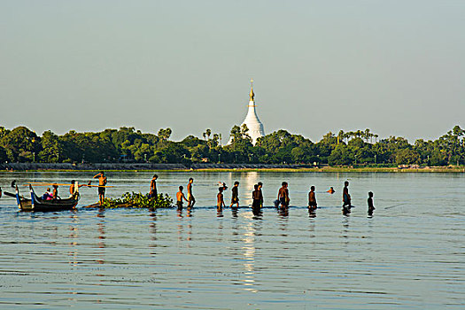 缅甸,曼德勒,阿马拉布拉,陶塔曼湖,渔民,室外,湖
