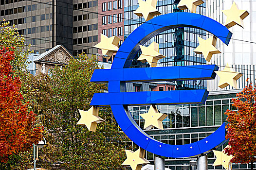 欧元符号,正面,欧洲,中央银行,法兰克福,黑森州,德国