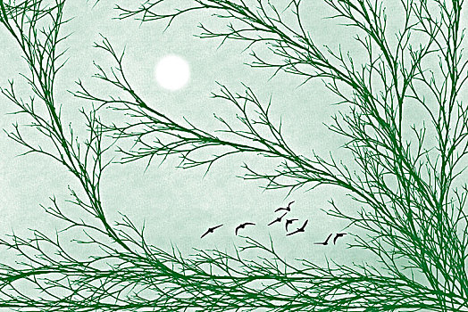 月上树梢,群鸟归巢,创意水彩背景素材