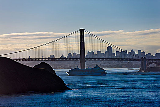 吊桥,湾,城市天际线,背景,金门大桥,旧金山湾,旧金山,加利福尼亚,美国