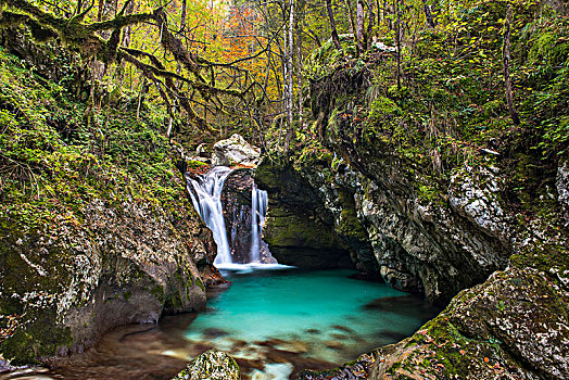 瀑布,秋天,索卡谷,特拉维夫,国家公园,斯洛文尼亚,欧洲