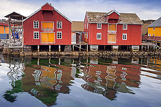 红色,黄色,木屋,挪威,渔村