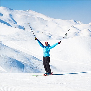 兴奋,女人,滑雪
