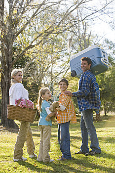 孩子,幸福之家,野餐篮,冷藏箱,公园