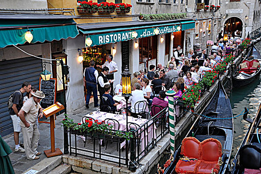 餐馆,运河,客人,小船,威尼斯,意大利,欧洲