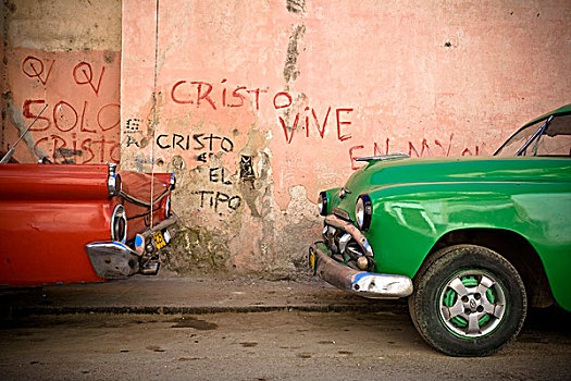 两个,停车,街上,哈瓦那,古巴
