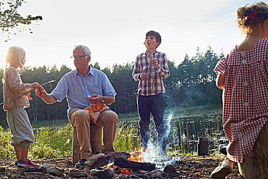 爷爷,孙辈,享受,营火,湖岸