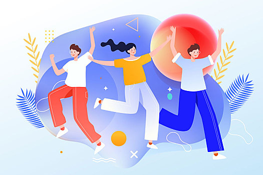 五四青年節(jié)青春活潑快樂年輕人跳躍慶祝插畫