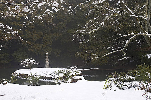 日本,京都,寺庙,金亭,世界遗产,雪,水塘,小,石塔,岛屿