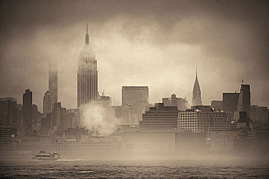 曼哈顿中城,摩天大楼,船,雾,纽约