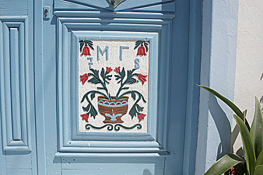 希腊,卡帕索斯,正前,蓝色,特写,装饰,花,多德卡尼斯群岛,房子,入口,木门,雕刻,象征,进入,木头