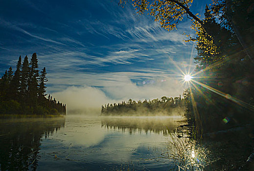 雾气,上升,湖,早晨,魁北克,加拿大