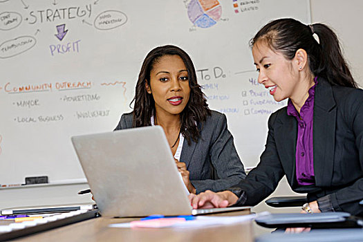 两个,职业女性,办公室,看,笔记本电脑,显示屏