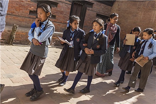 孩子,尼泊尔人,学生,学校,旅游,巴克塔普尔