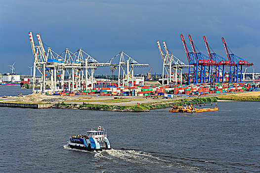 港口,渡轮,起重机,集装箱码头,汉堡市,德国,欧洲