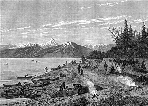 美洲印地安人,露营,边缘,育空河,美国,19世纪,艺术家