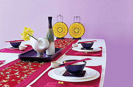 桌子,亚洲,餐具,纸灯笼,壳,花瓶,黄花