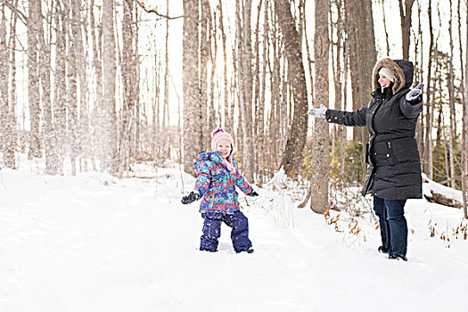 母女,玩,雪中,彼得伯勒,安大略省