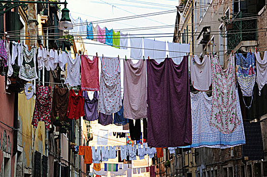 晾衣绳,伸展,小巷,威尼斯,意大利,欧洲