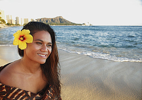 夏威夷,瓦胡岛,美女,玻利尼西亚人,女性,微笑,怀基基海滩,钻石海岬,背景