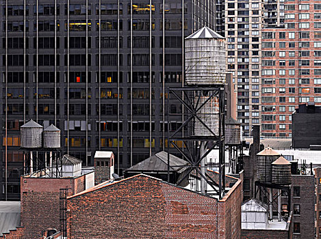 水塔,屋顶,背景,高层建筑,纽约