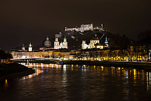 城市,夜景,萨尔察赫河,霍亨萨尔斯堡城堡,大教堂,萨尔茨堡,奥地利,欧洲