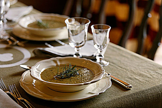 蔬菜汤,迷迭香,桌子