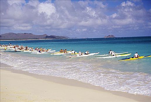 夏威夷,瓦胡岛,桨手,排列,独木舟,外滨,开端,比赛,无肖像权