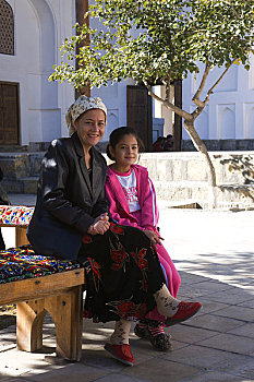 乌兹别克斯坦,靠近,布哈拉,母女,院落