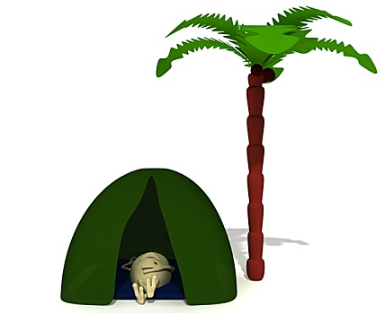 木偶,休息,绿色,帐蓬,靠近,棕榈树