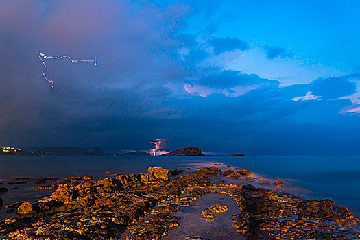 闪电,风暴,风景,上方,漂亮,岩石,海岸线,地中海