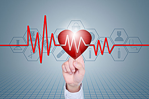 手指点触3d红心和心电图,医疗保险,健康,医学和慈善概念