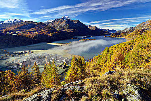 湖,秋天,恩格达恩,雾,高处,山谷,恩加丁,瑞士,欧洲