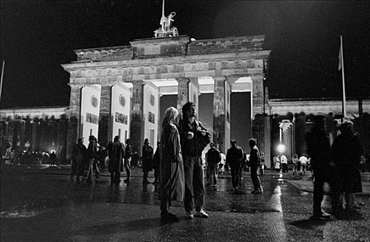 柏林墙,夜晚,十一月,市民,柏林,站立,勃兰登堡门,德国,欧洲