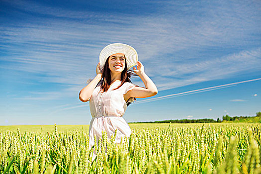高兴,自然,夏天,度假,人,概念,微笑,少妇,戴着,草帽,农作物