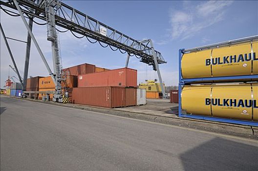 集装箱码头,货箱,国际标准化组织,靠近,起重机,举起,甲板,船,北莱茵威斯特伐利亚,德国