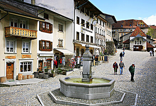 瑞士,城堡,城镇,广东,弗里堡,中央市场,喷泉,许多,餐馆