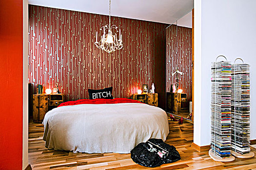 双人床,床单,仰视,旧式,吊灯,复古,壁纸