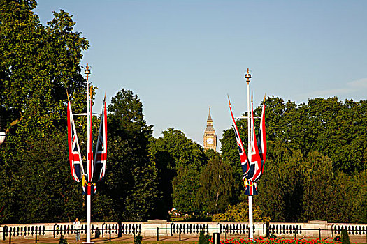 英国国旗,前院,白金汉宫,公园,大本钟,伦敦,英格兰