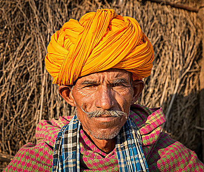 头像,男人,黄色,缠头巾,普什卡,拉贾斯坦邦,印度,亚洲