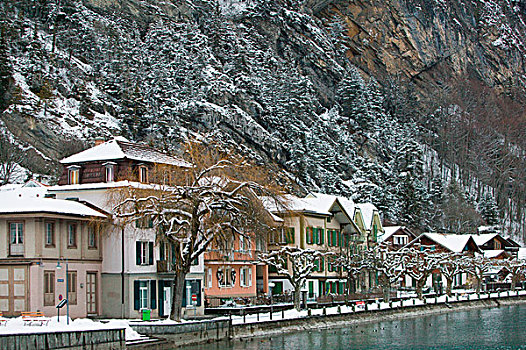 瑞士,伯恩,因特拉肯,城镇,建筑,河,冬天