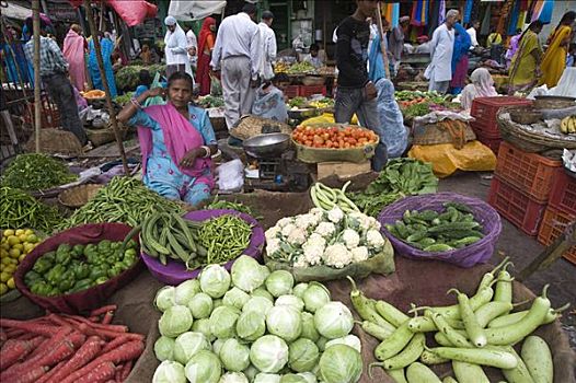 印度女人,销售,蔬菜,乌代浦尔,市场,拉贾斯坦邦,印度,南亚
