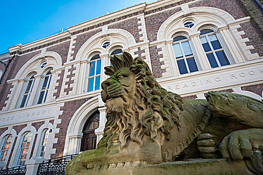 狮子,雕塑,正面,图书馆,南,泰恩-威尔,英格兰