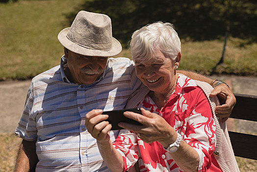 正面,老年,夫妻,打手机,花园