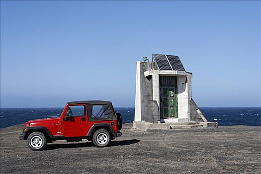 红色,吉普车,灯塔,太阳能电池,富埃特文图拉岛,加纳利群岛