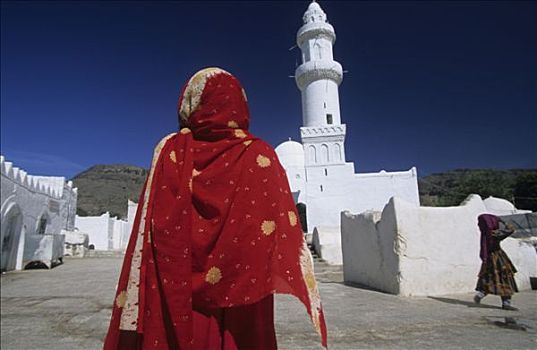 也门,女人,红色,薄纱,清真寺,背景