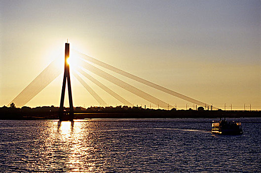 日落,桥,道加瓦河,河,拉脱维亚