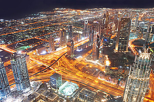 城市,夜晚,展示,光影,俯视图,迪拜,阿联酋