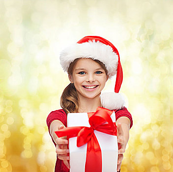 圣诞节,圣诞,冬天,高兴,概念,微笑,女孩,圣诞老人,帽子,礼盒