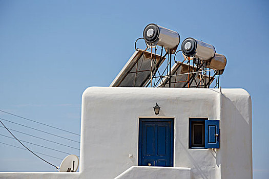 现代,太阳能电池板,热,水,能量,效率,屋顶,传统,希腊,家,米克诺斯岛